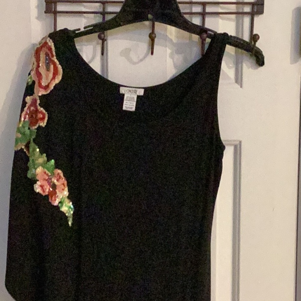Cache Vintage Black Asymmetric Dress w/ One Flowing Sequin Sleeve